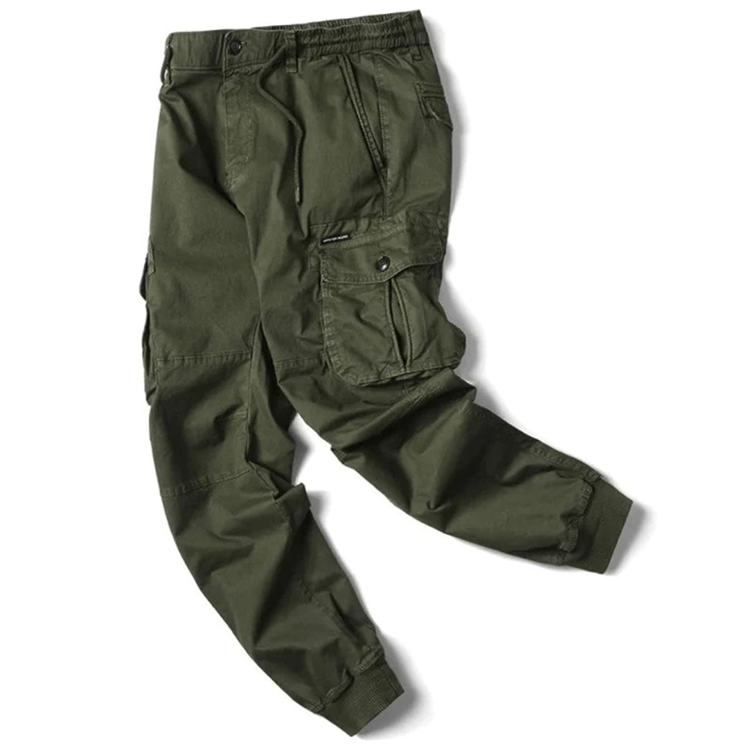 Front view of men's utility pocket cargo pants, showcasing stretch fabric