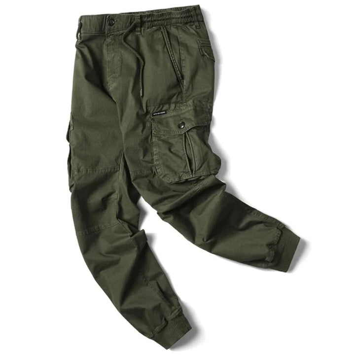 Front view of men's utility pocket cargo pants, showcasing stretch fabric