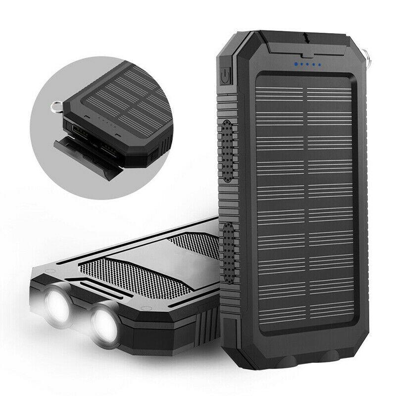 Rugged solar power bank with dual USB, waterproof design for outdoor camping, hiking & travel charging.
