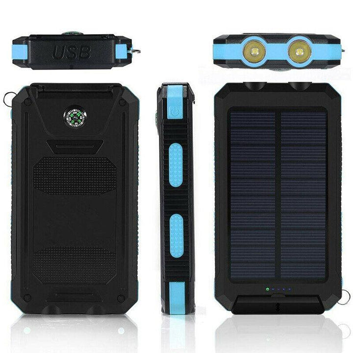 Unisex solar power bank & portable charger with emergency light, waterproof for outdoor adventures.