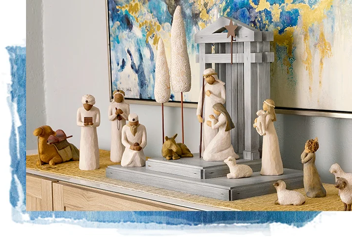 Detailed 20-piece rustic wooden nativity set. Enhance your Christmas home decor with this unique seasonal display.