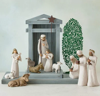 Unique rustic wooden nativity set, 20 pieces. Handcrafted Christian decor for a spiritual Christmas home display.