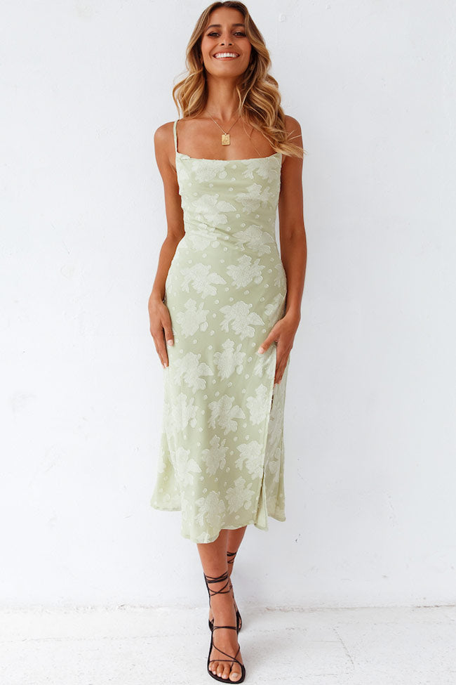 Sage green floral cowl neck slip midi dress with high slit, elegant women's summer occasion wear.