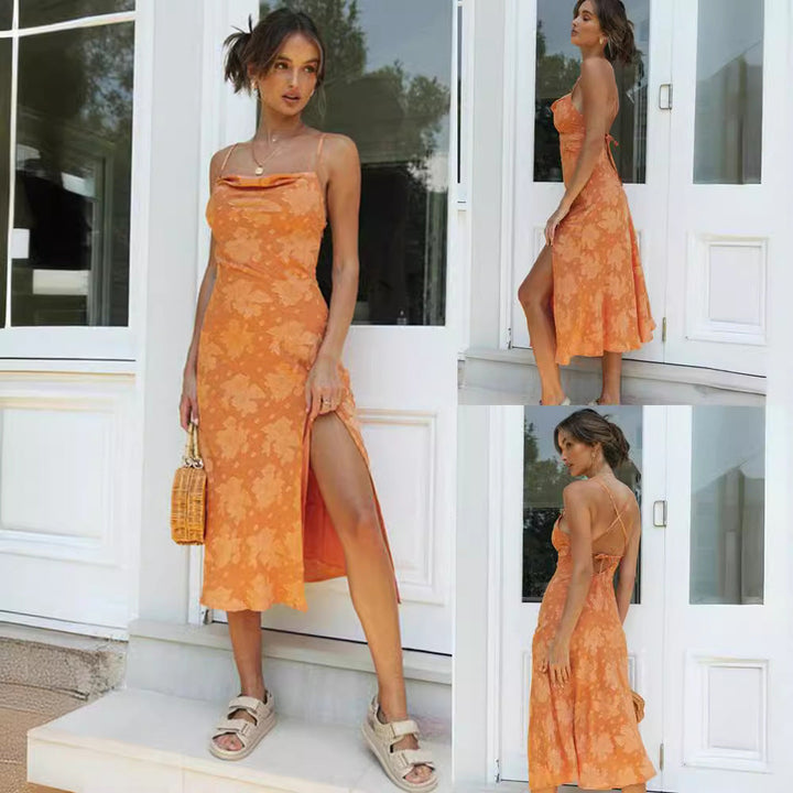 Women's floral slip dress, midi length, with a cowl neck and high leg slit, a sophisticated summer choice.