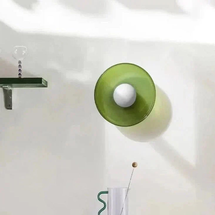 Elegant Scandinavian glass ceiling lamp, soft ambient light for a modern bedroom.
