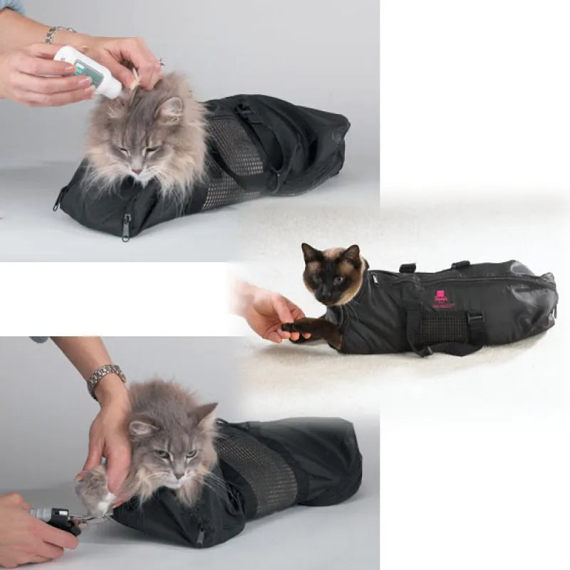 Adjustable grooming bag for cats, perfect for safe nail clipping, medication, or dental care.