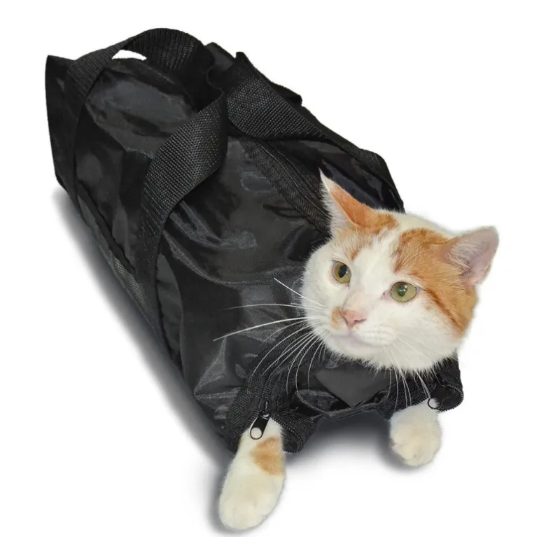 Feline restraint bag designed for secure, calm pet grooming, trimming, and vet visits.