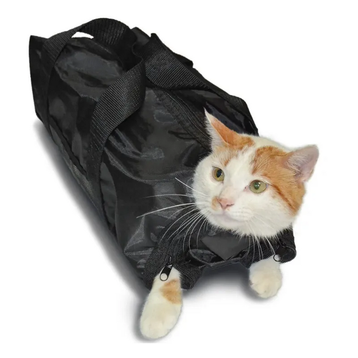 Feline restraint bag designed for secure, calm pet grooming, trimming, and vet visits.