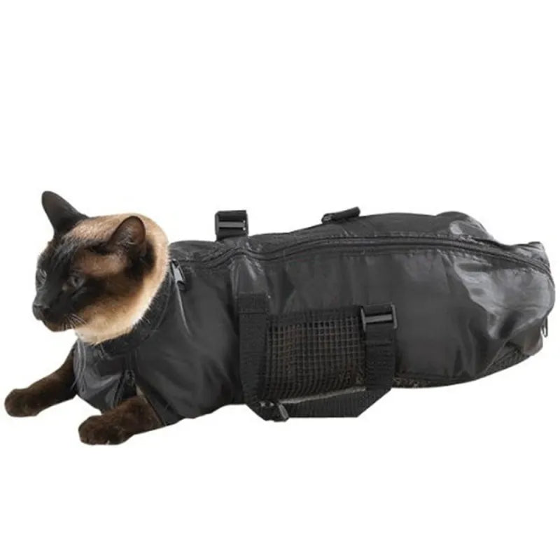 Breathable mesh cat grooming bag. Provides secure, calming restraint for difficult feline nail trims.