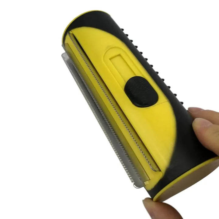 Grooming roller with self-cleaning system for pet fur. Removes dog & cat hair from clothes & furniture.