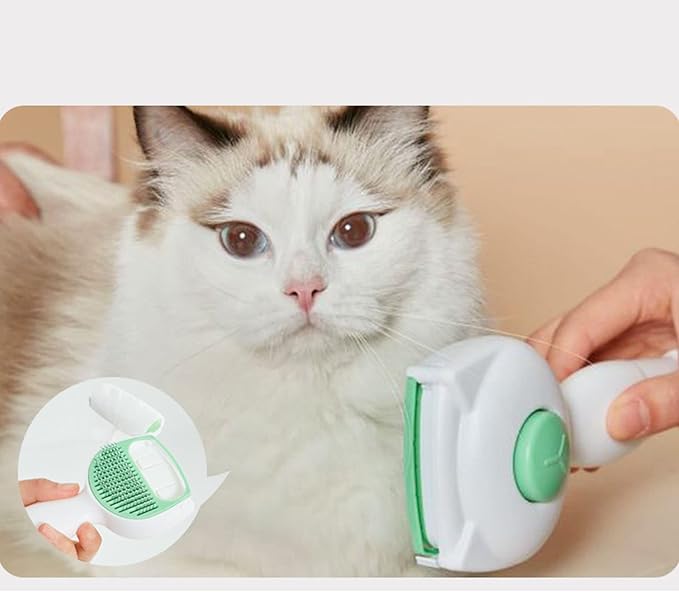 Innovative self-cleaning pet brush makes dog & cat grooming easy, pushing collected hair off with one click.