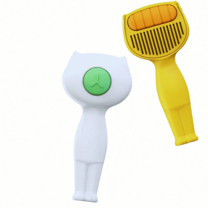 Efficient shedding brush for dogs & cats, featuring a self-cleaning button for quick and easy hair disposal.