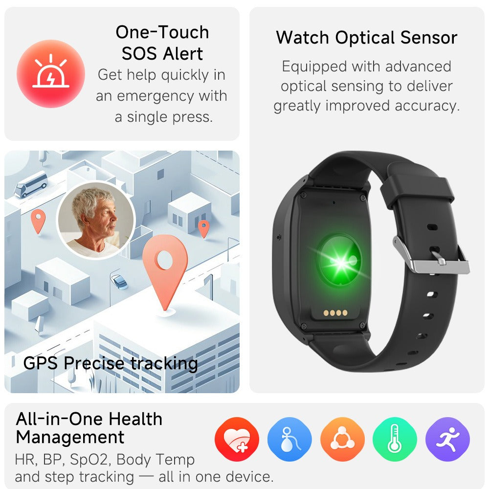 Elderly safety GPS smartwatch for seniors, featuring SOS button, precise location tracking & fall detection.