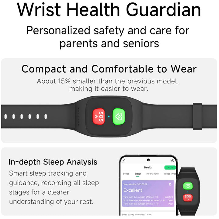 Close-up of a sleek seniors' GPS smartwatch, featuring a clear display, SOS button & health monitoring.