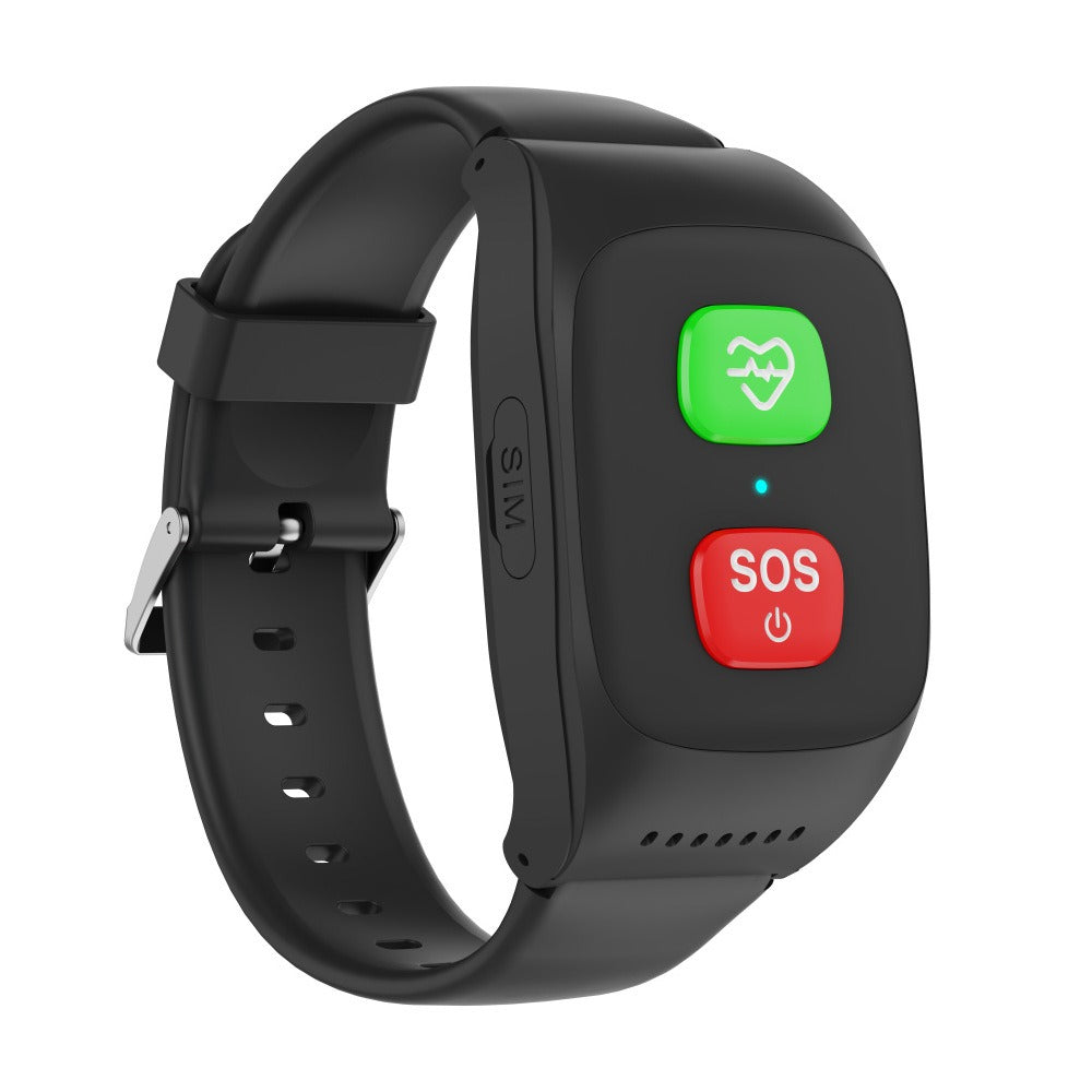 Senior wearing a waterproof GPS smartwatch during a walk, monitoring health, location & ensuring safety.