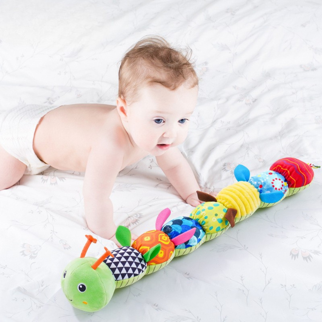 Educational newborn gift: soft musical caterpillar plush toy stimulating baby's senses and gross motor skills.