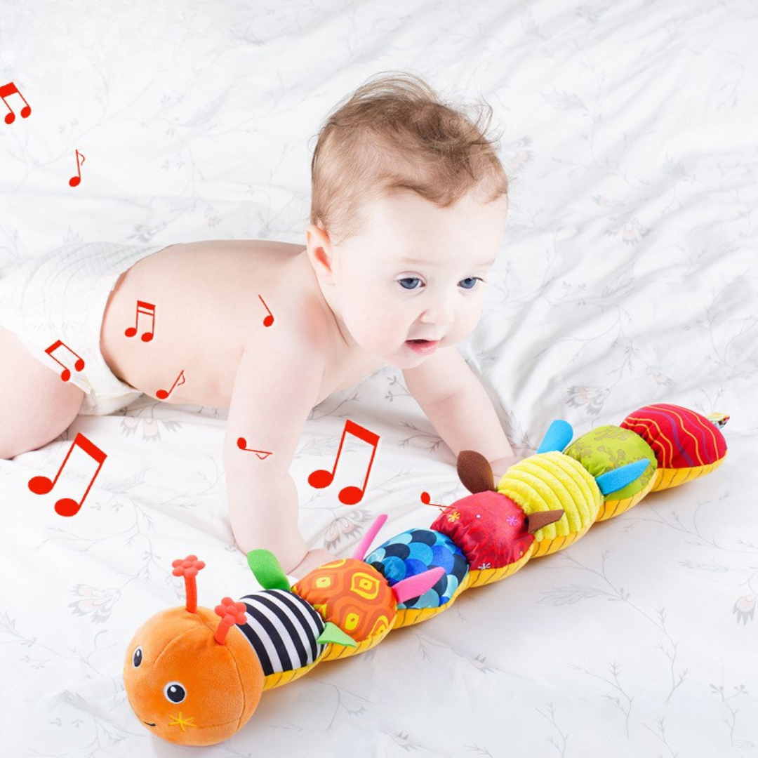 Interactive sensory plush caterpillar toy for infants, featuring different textures, sounds, & vibrant colors.