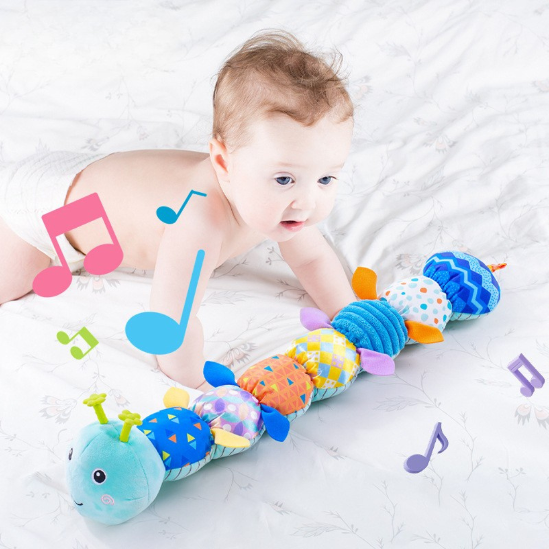 Adorable musical plush caterpillar baby toy with multiple sensory activities for infant engagement and development.
