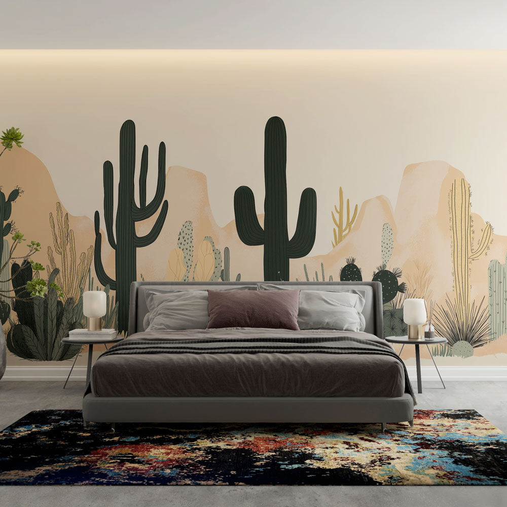Serene desert landscape wall mural with saguaro cactus design. Peel and stick desert wallpaper for nature home decor.
