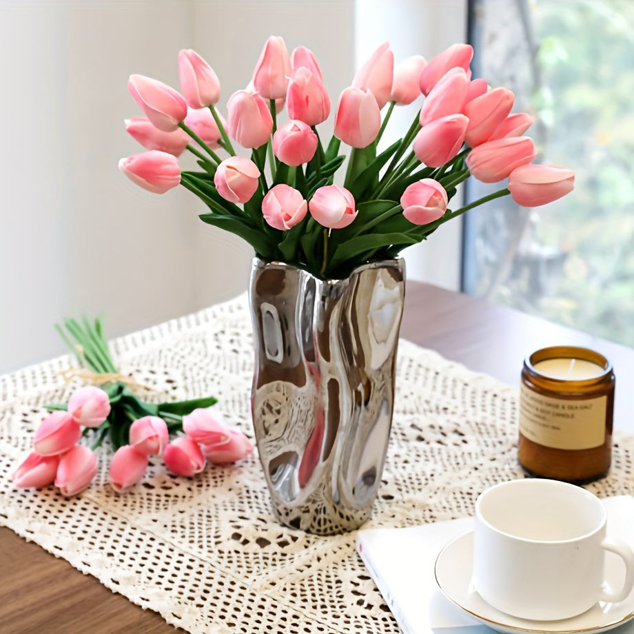 Set of 10 realistic artificial tulips for elegant home decor. Perfect for spring floral arrangements.