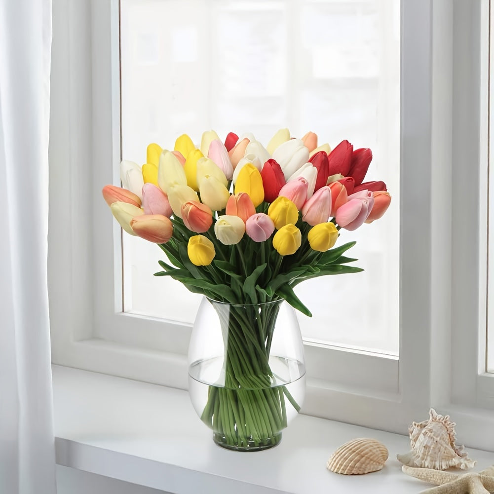 Vibrant artificial tulips, 10-piece set, bringing spring charm to any home or office decor.