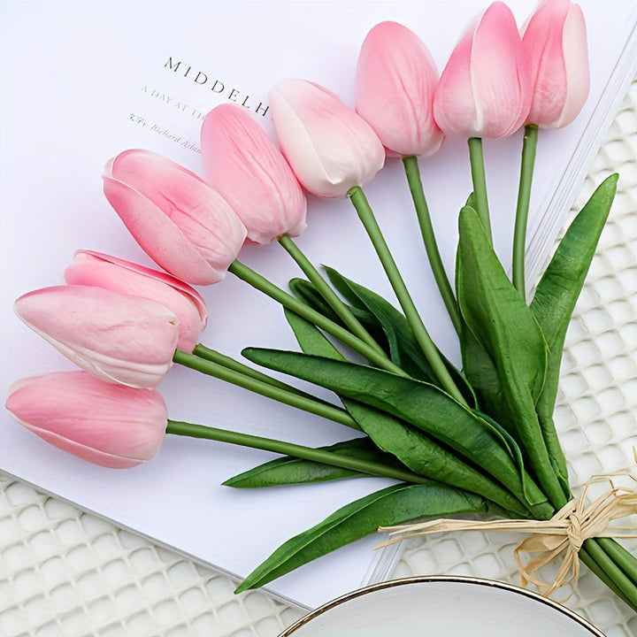 High-quality PU artificial tulips, a set of 10, for durable & beautiful home and wedding decorations.