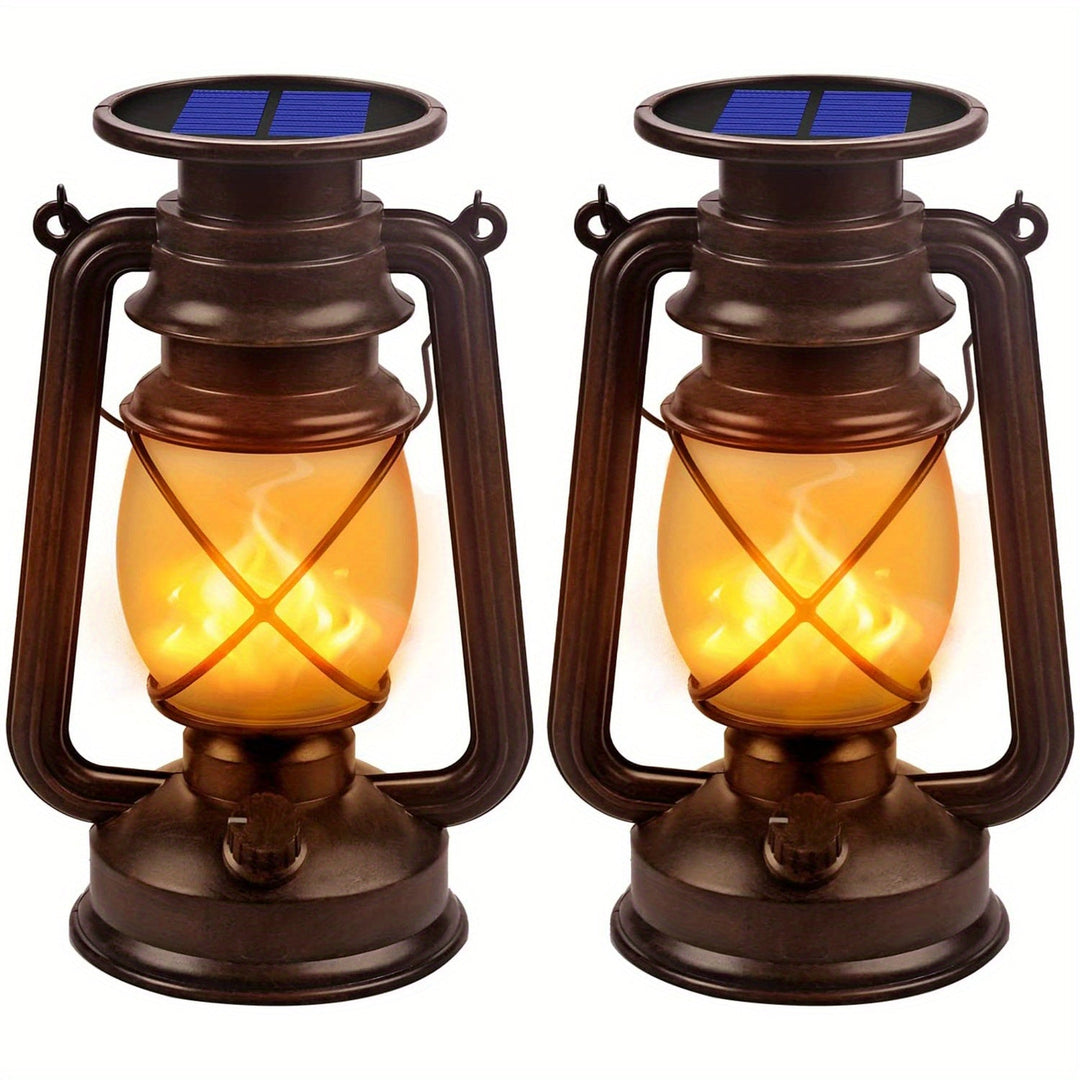 Patio solar lanterns in a vintage design, providing a cozy flickering flame light for outdoor evenings.