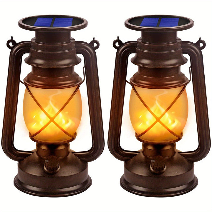 Patio solar lanterns in a vintage design, providing a cozy flickering flame light for outdoor evenings.
