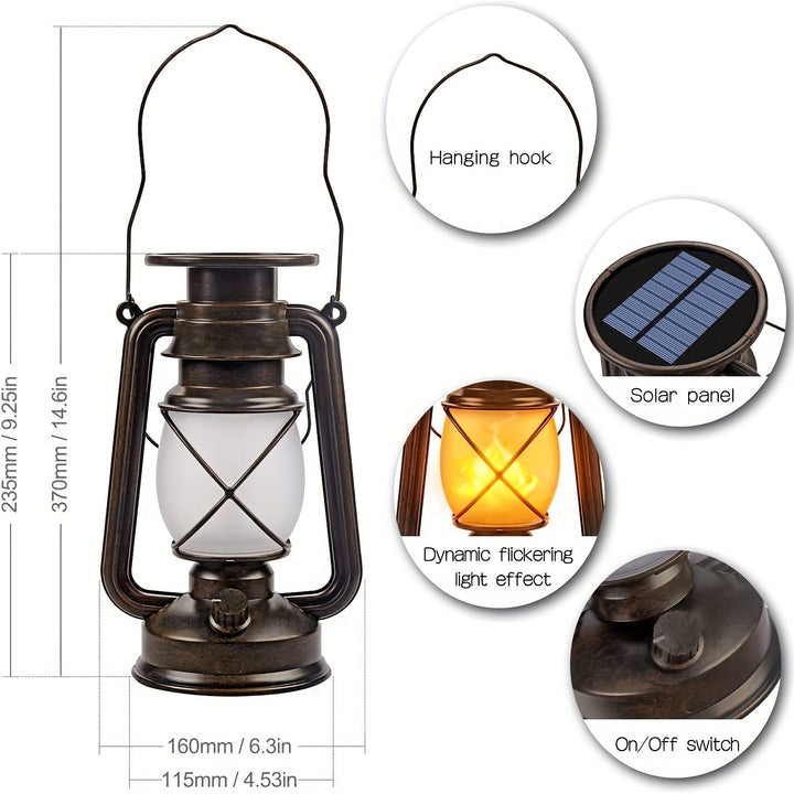 Decorative set of 2 solar flame lanterns, casting a mesmerizing dancing flame effect on any patio or garden.