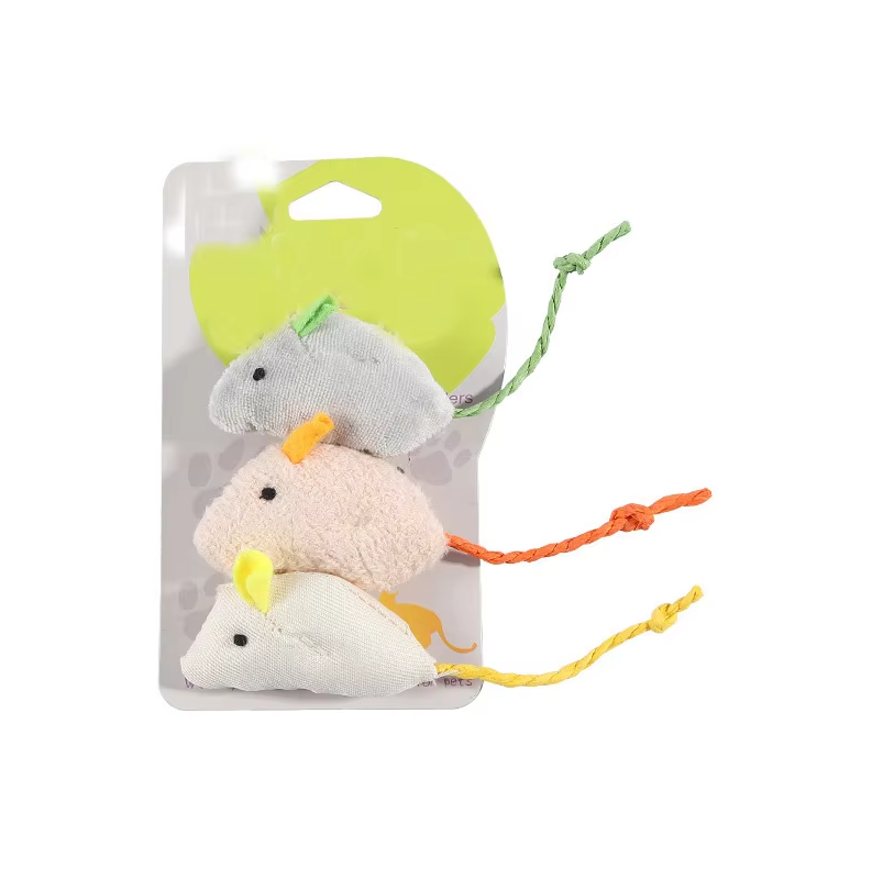 Set of colorful plush mice toys for cats, perfect for interactive prey play and feline entertainment.