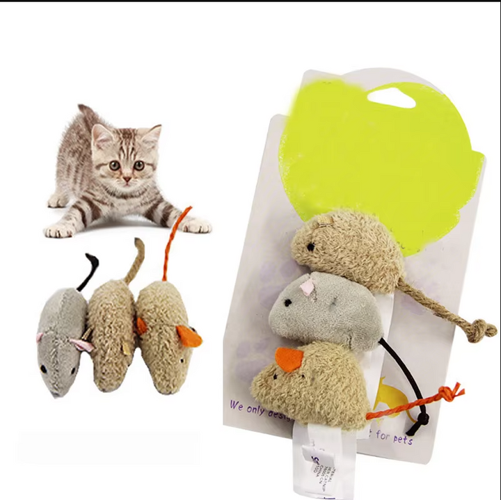 Three plush mice cat toys, ideal for kittens & active indoor cats, providing enrichment & endless fun.