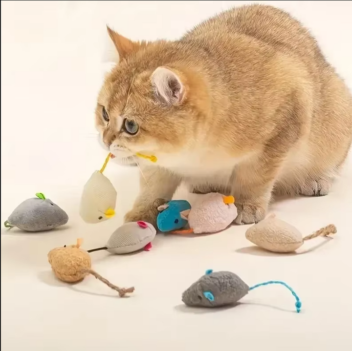 Set of plush mice cat toys for interactive & instinctive play, enriching indoor cats & kittens. Soft prey.