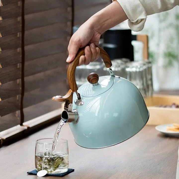 Elegant stainless steel whistling kettle, ideal kitchenware for brewing tea and coffee on induction hobs.