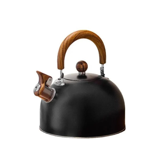 Classic whistling tea kettle in polished stainless steel, featuring a cool-touch insulated handle for ease of use.