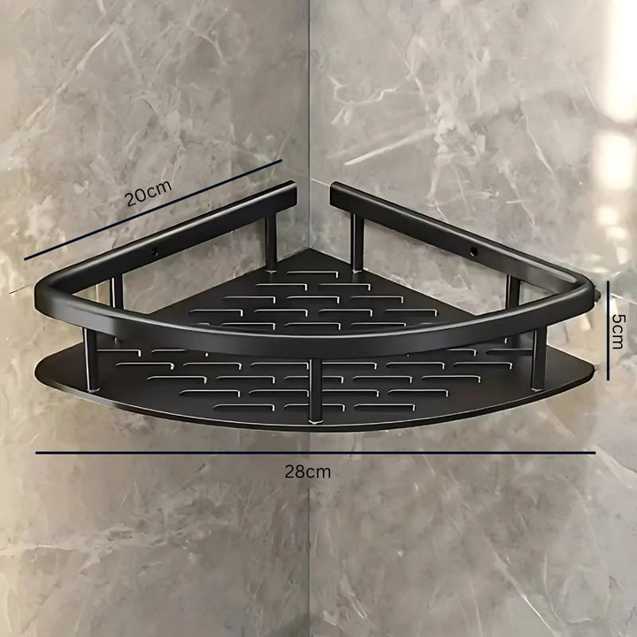 Wall-mounted rustproof shower shelf in a clean bathroom, organizing toiletries