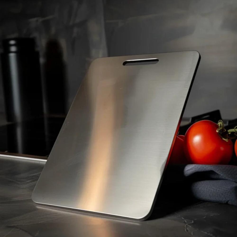 Silver stainless steel cutting board for hygienic kitchen food prep, new kitchen grade chopping board