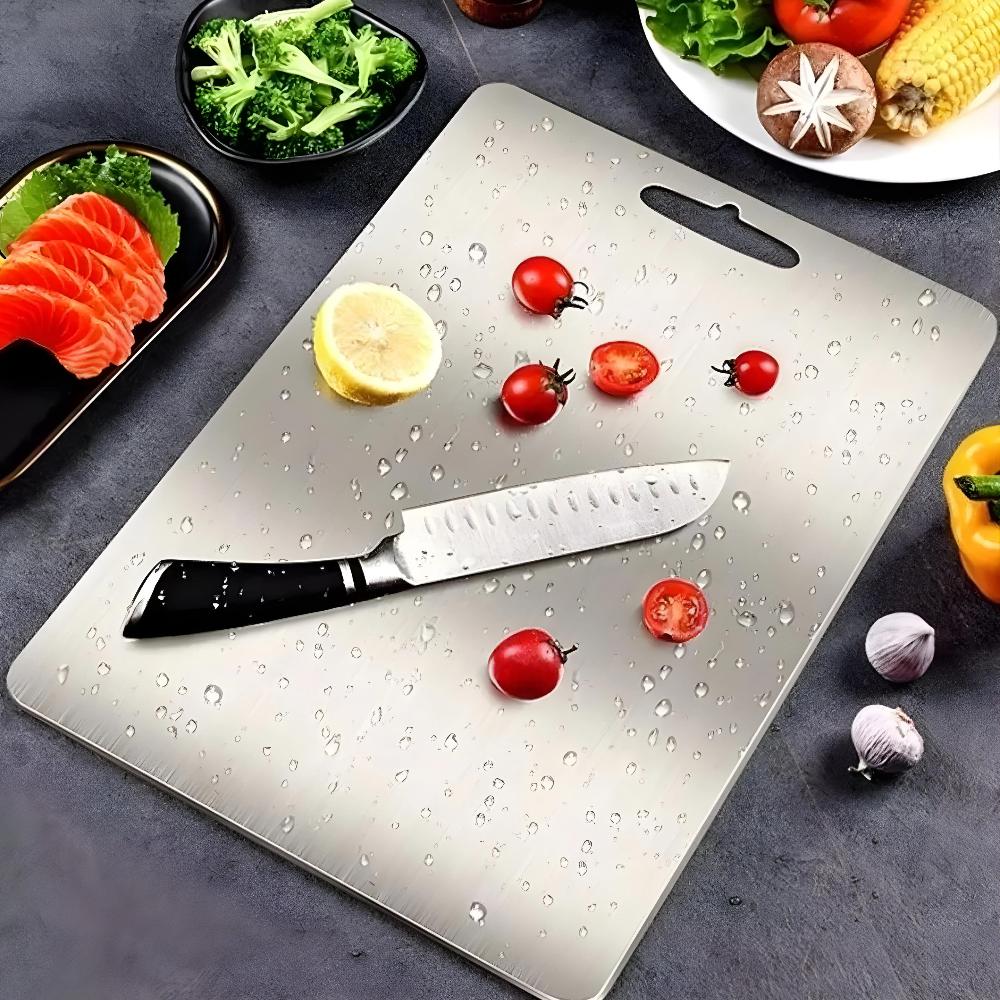Premium silver stainless steel chopping board, durable cookware for modern kitchens