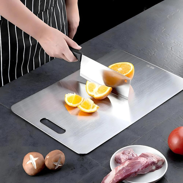 Hygienic and durable silver stainless steel cutting board, a new kitchen food prep solution