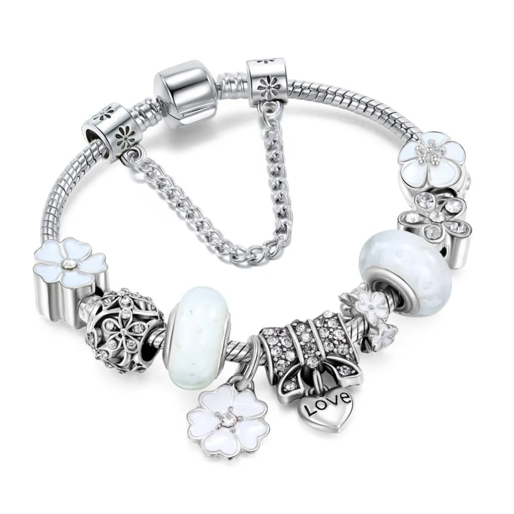 Adjustable electroplated women's bracelet with 'Love' charm, silver-tone alloy, perfect as a romantic jewelry gift.