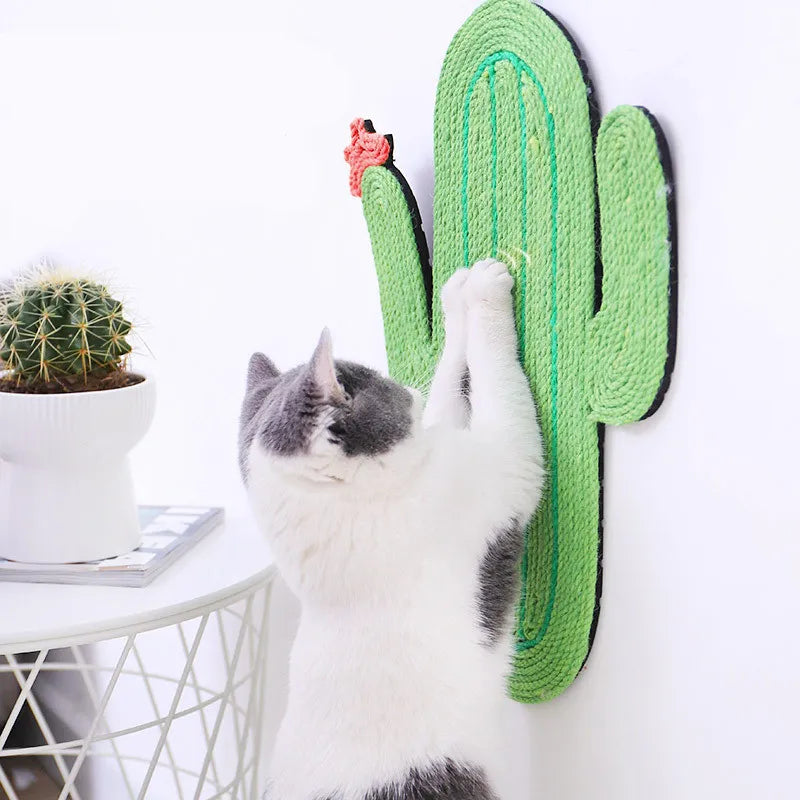 Sisal cat scratching mat with fun cactus & fish design. Protects walls & floors, promotes healthy feline claw care.