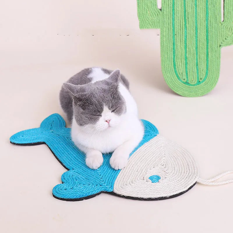 Durable sisal cat scratching mat for wall or floor, protects furniture from feline claws. Cactus & fish design.