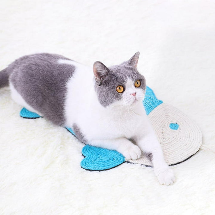 Cat sisal scratching mat with cute cactus & fish. Wall & floor furniture protector for feline claw health.