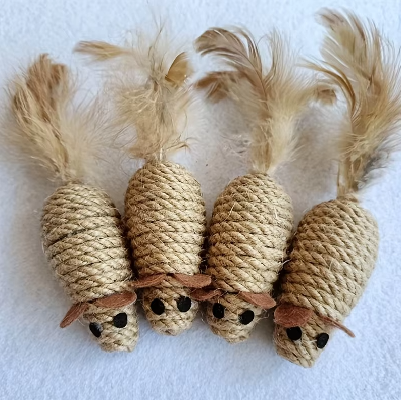 Sisal fish cat toy with natural feathers, perfect for active indoor cats and kittens seeking a durable hunting game.