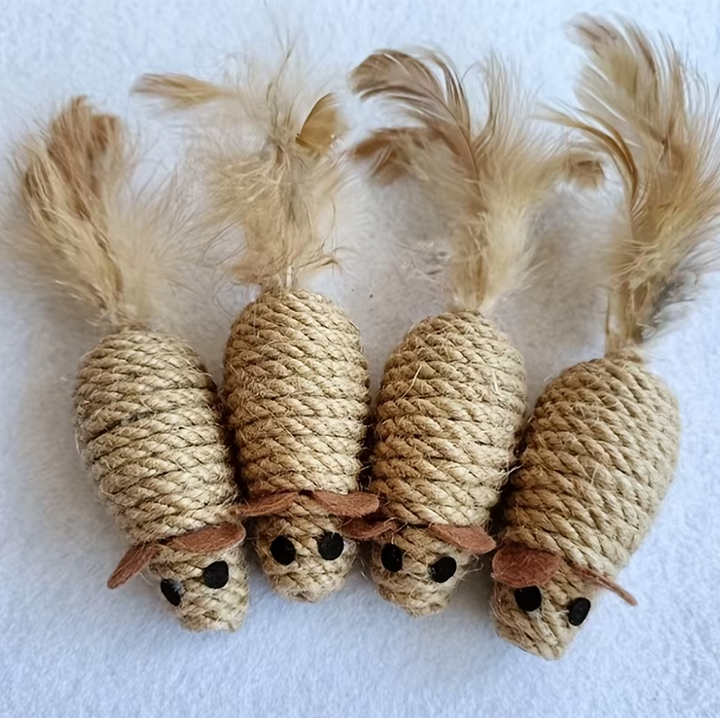 Sisal fish cat toy with natural feathers, perfect for active indoor cats and kittens seeking a durable hunting game.