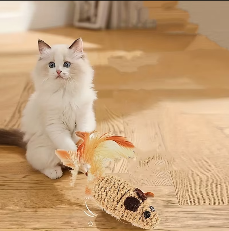 Natural sisal fish cat toy with vibrant feathers, designed for active indoor cats & kittens' enrichment & hunting play.