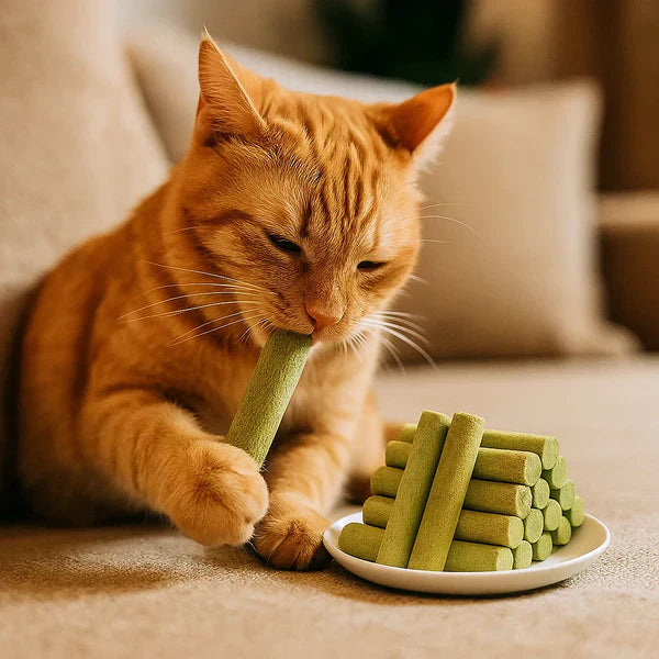 Six cat grass chews for feline digestive health, strong teeth, and hairball reduction.
