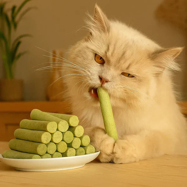 Natural cat grass chews, promoting strong teeth, fresh breath, and healthy digestion for felines.