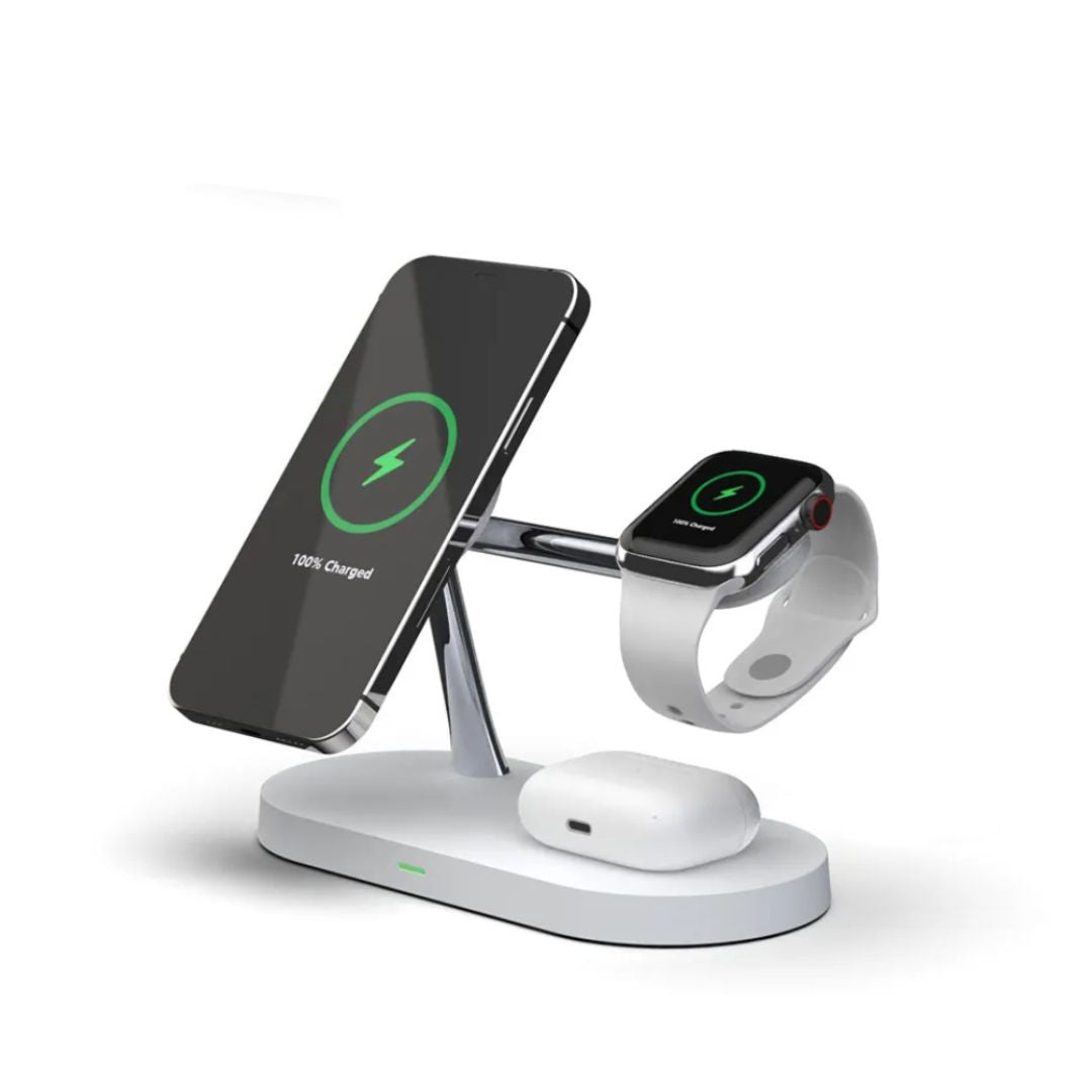 Sleek 3-in-1 fast wireless charging station for iPhone, Apple Watch, & AirPods. Universal desk organizer.