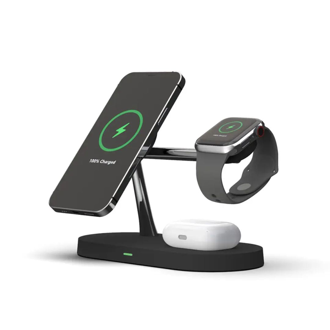 Universal fast wireless charging dock. Charge phone, smartwatch & earbuds simultaneously. Declutter your desk.