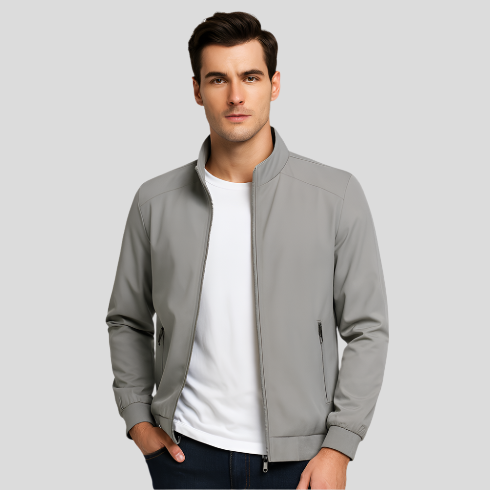 Modern men's versatile lightweight jacket in a sleek design, perfect for everyday casual wear. Zippered pockets.